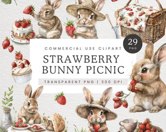 Bunny with Strawberry Clipart, Rabbit Summer Picnic PNG, Bunny Nursery Wall Art, Berry Sweet Baby Shower, Berry Sweet One Birthday Clip Art
