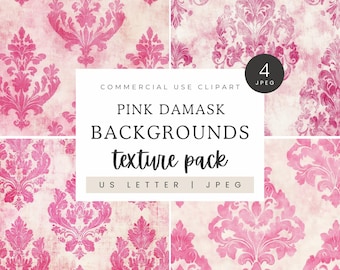 Damask Pattern Digital Paper, Pink Shabby Chic Distressed Texture Patterns, Scrapbooking Paper Decoupage Ephemera, Fleur De Lis