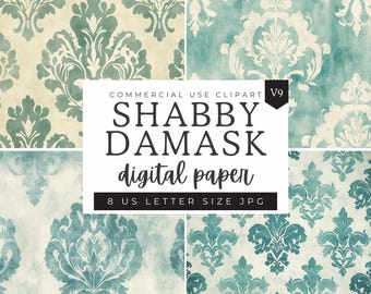 Damask Pattern Digital Paper, Teal Shabby Chic Distressed Texture Patterns, Scrapbooking Paper Decoupage Ephemera, Fleur De Lis
