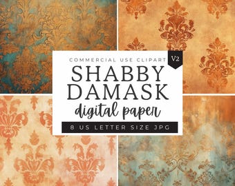 Damask Pattern Digital Paper, Copper Shabby Chic Distressed Texture Patterns, Scrapbooking Paper Decoupage Ephemera, Fleur De Lis