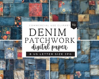 Denim Patchwork Junk Journal Papers | Decoupage Scrapbooking Patterns | Textile Mix Collage Sheets | Vintage Shabby Chic | 8.5 x 11 inch