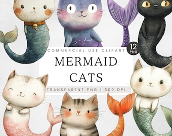 Clipart de Gato Sereia, Aquarela Purrmaid PNG, Clip Art de Festa Kawaii Meowmaid, Festa de Gatinhos Mercat Fofos, Ilustração de Gato, Sereias de Estimação