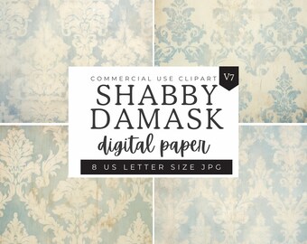 Damask Pattern Digital Paper, Pastel Blue Shabby Chic Distressed Texture Patterns, Scrapbooking Paper Decoupage Ephemera, Fleur De Lis