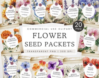 Clipart de paquete de semillas de flores, PNG de paquete de semillas, Clip Art de Scrapbooking Vintage, Gráficos de jardinería retro, Efímera de jardín floral estilo Cottagecore