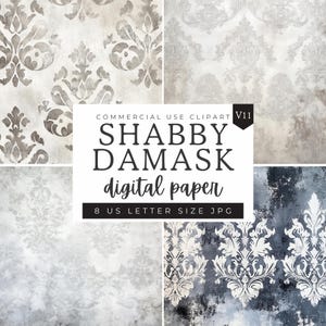 Papel digital con estampado de damasco, patrones de textura desgastada de estilo shabby chic plateado, papel para decoupage y scrapbooking, flor de lis