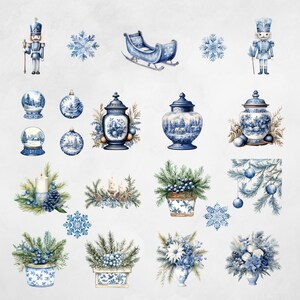 Christmas Toile Clipart, Grandmillennial Xmas Day PNG, Blue and White ...