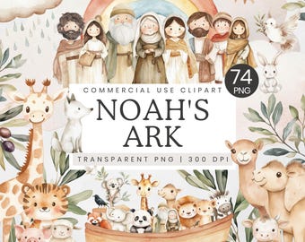 Noaks Ark Clip Art Bundle, Akvarell Biblisk Djur Barnkammarkonst Clipart, Noak och Arken Bibelberättelse PNG, Söt Baby Shower Grafik