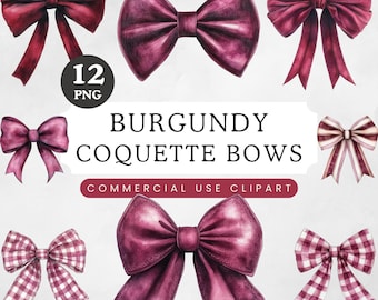 Burgundy Coquette Bow PNG, Grandmillennial Clipart, Preppy School Spirit, Sports Mom, Football Girlfriend Era, Cheer Ribbon Watercolour