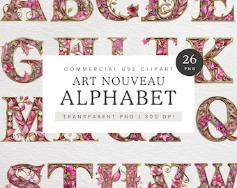 Art Nouveau Alphabet Clipart, Pink and Gold Signature Lettering, Art Deco Fancy Letter, Floral Alphabet, Junk Journal Font
