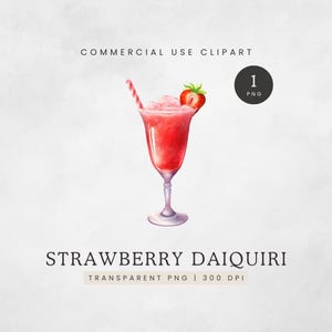 Clipart Daiquiri aux fraises, clipart cocktail d'été, carte des boissons signature PNG, Image cocktail rose aquarelle, graphiques de boissons alcoolisées