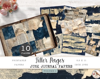 Navy Filler pages, Collage Junk Journal, 10 Digital Paper Texture Grunge Sheets, Shabby Vintage Old Newspaper Masterboard, 11 x 8.5 JJPFP