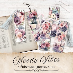 Printable Bookmarks for Grandma, Moody Floral Print Bookmarks, Print at Home, Cute Book Lover Gifts, Print and Cut, Gift for Mom