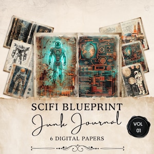 Páginas de diario basura de ciencia ficción retro / 6 páginas digitales de planos / Hoja de collage de gadgets / Efímera imprimible / Manualidad de papel / 11 x 8,5 / JJ023