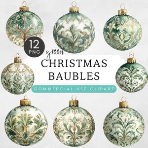Christmas Bauble Clipart, Watercolor Ornaments PNG, Green Cream Gold Damask Rococo, Digital Crafts Clip Art, Holiday Decor Invitations