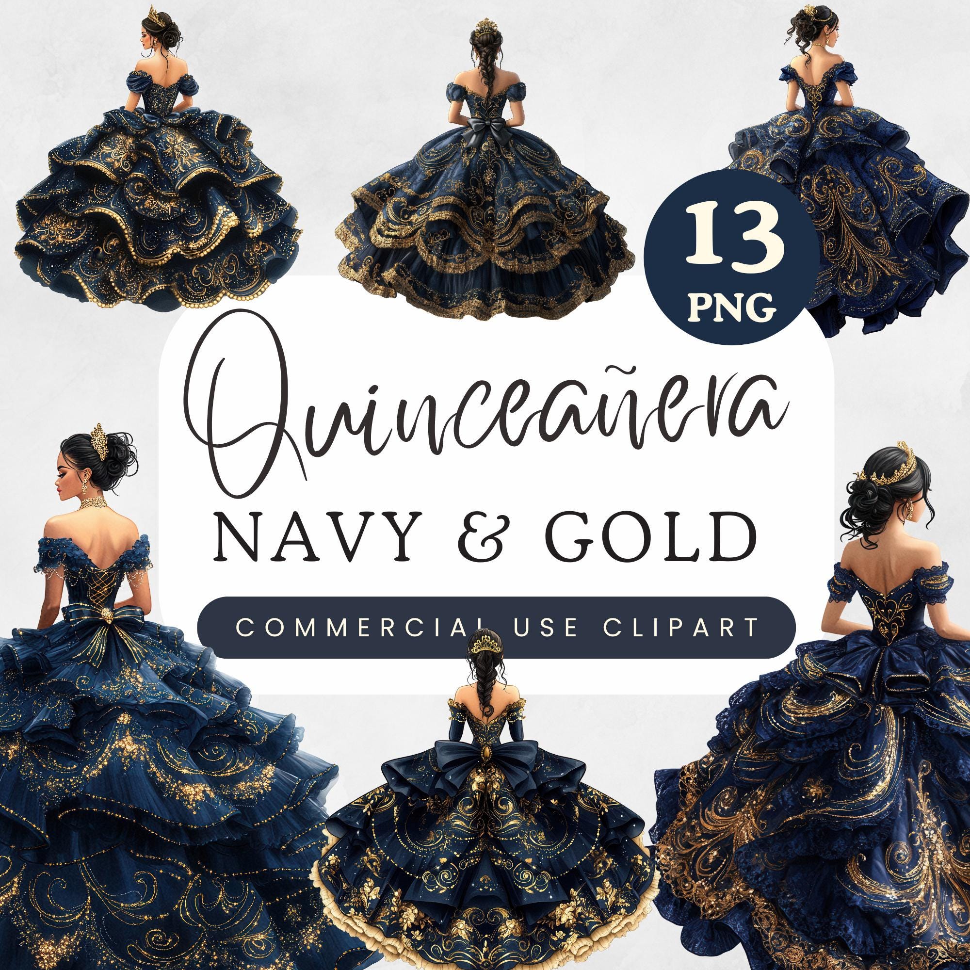Navy \u0026 Gold Quinceañera Dress Clipart | Quince Años | Dark Blue Princess  Gown | Formal Fashion | Birthday Party Elegant Eveningwear - Etsy, image size:2000x2000