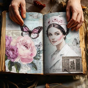 Krankenschwester Junk Journal, Digitale Papiere, 10 druckbare Seiten, Lila Blumen Collage Sheet, Vintage Papier Handwerk 11 x 8,5 JJPHB Bild 4