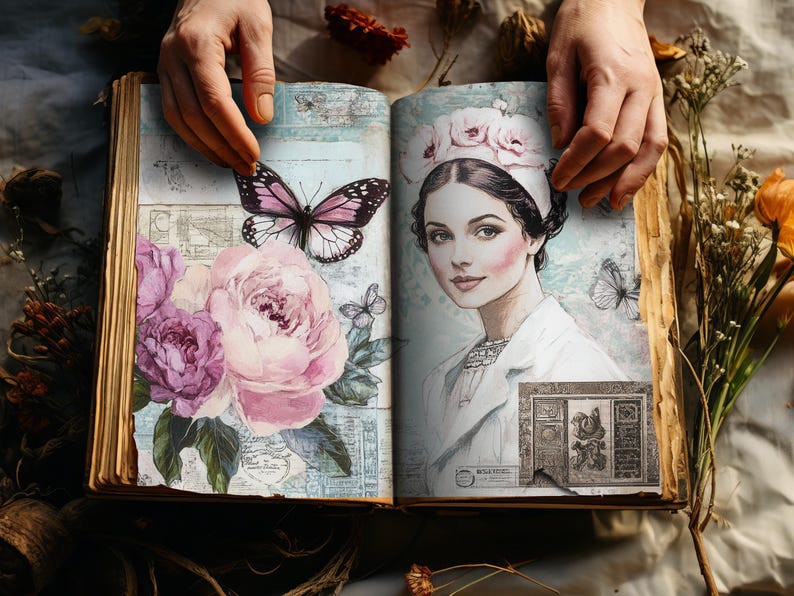 Krankenschwester Junk Journal, Digitale Papiere, 10 druckbare Seiten, Lila Blumen Collage Sheet, Vintage Papier Handwerk 11 x 8,5 JJPHB Bild 4