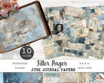 Filler Pages for Junk Journal, Dusty Blue Collage Papers, 10 Digital Texture Grunge Sheet, Vintage Newspaper Masterboard, 11 x 8.5 JJPFP