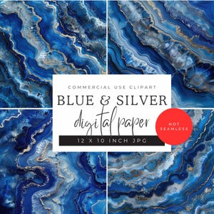 Royal Blue and Silver Agate Digital Papers | Geode Crystal Background Textures | Scrapbooking, Invitations, Cards | Commercial Licence
