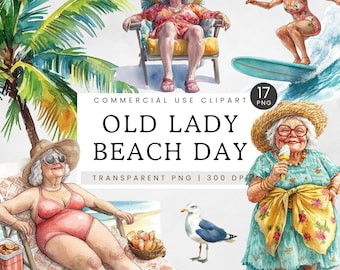 Old Lady Beach Clipart, Funny Grannies PNG, Athletic Grandmother Clip Art, Holiday Sunbaking, Cartoon Old Ladies, Summer Fun Old Woman