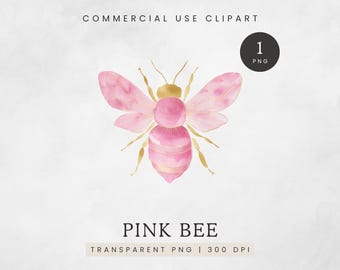 Watercolor Bee Clipart, Cute Pink Bee PNG, Nursery Art Bee Graphic, Pink & Gold Bumble Bee Clip Art, Sweet Girly Bee Image, Commercial Use