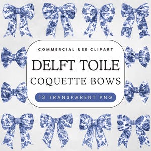 Delfter Blau Toile Schleife Clipart | Helle Pastell Französische Toile De Juoy | Kokette Bögen PNG | Baby-Dusche-Bänder | Kommerzielle Nutzung Clip Art