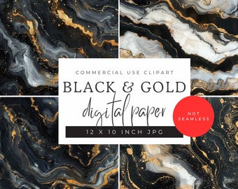 Black and Gold Agate Digital Papers | Geode Crystal Background Textures | Scrapbooking, Invitations, Cards | Commercial Licence