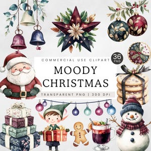 Clipart Noël de mauvaise humeur, mignon clipart Noël bleu marine et bordeaux, couleurs sombres Noël PNG, élégant clipart Noël noir, aquarelle père Noël