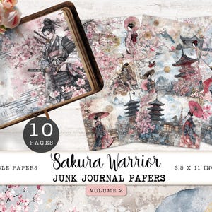 Samurai Junk Journal Digitale Papiere, 10 Sakura Krieger Druckbare Seiten, Japan Kirschblüte Collage Sheet, Papiermodell 11 x 8.5 JJPSW