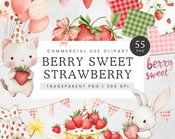 Clipart de fresa para primer cumpleaños, clipart de fresa para baby shower, fresas coquetas PNG, dulce de bayas, arte infantil femenino