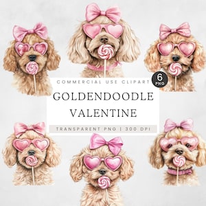 Valentinstag Goldendoodle PNG, kokette Schleife Hund Mama Clipart für Sublimation, rosa Doodle Hund Clip Art, süßer entzückender Welpe, Valentinstag