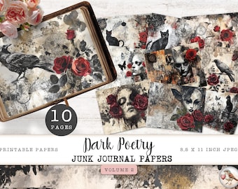 Edgar Allen Poe Junk Journal Digital Papers, 10 Dark Victorian Poetry Printable Pages, Gothic Collage Sheet, Paper Craft 11 x 8.5 JJPEAP