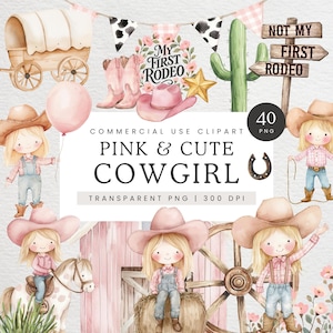 Cowgirl-Babyparty Clipart, süsses Cowgirl Clip Art, rosa Kuh-Mädchen PNG, erste Rodeo-Geburtstags-Grafik, wilder Western-Cowboy-Geburtstags-CPC01