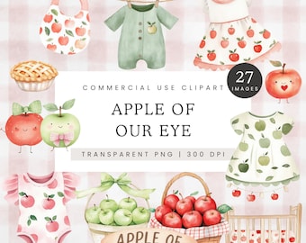 Clipart de Baby Shower de Manzana, Clip Art de la Niña de Nuestros Ojos, Acuarela Otoño PNG, Manzana Roja y Verde PNG, Imágenes de Frutas Lindas, Clipart de Acción de Gracias