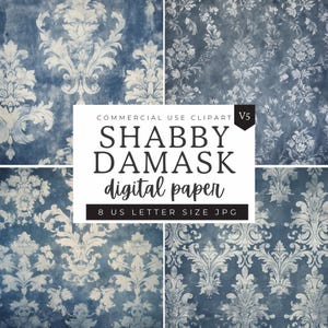 Damask Pattern Digital Paper, Navy Shabby Chic Distressed Texture Patterns, Scrapbooking Paper Decoupage Ephemera, Fleur De Lis