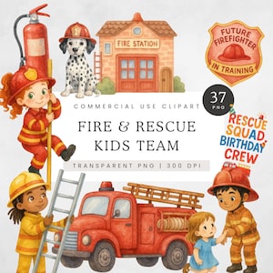 Fire Fighter Clip Art, Fire Engine Nursery Clipart, Fire & Rescue PNG, Fire Truck Images, Cute Firefighter Birthday Graphics, Kids Party PNG