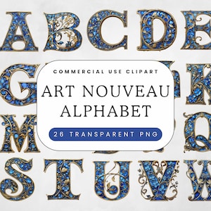 Art Nouveau Alphabet Clipart | Teal and Gold Signature Lettering | Fancy Letter | Floral Alphabet | Junk Journal Font