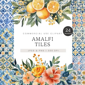 Amalfi Fliesen Clipart, Aquarell mediterrane Fliesen und Ränder Clip Art, italienische gemusterte Fliesen, blaue und weiße Fliesen, Zitronen und Florals PNG