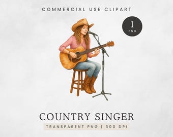 Country Singer Clipart, Vintage Country Singer PNG, Western Cowgirl Singing Clip Art, Country and Western Clipart, Commercial Use