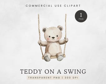 Teddy Bear on a Swing PNG, Watercolor Cute Baby Bear Clipart, Nursery Art Bear Swinging, Neutral Teddy Clip Art, Commercial Use