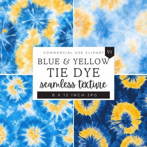 Blue and Yellow Tie Dye Digital Paper, Seamless Pattern, Royal Blue, Bright Yellow, Lemon, Pastel, T-Shirt Design, Repeating Pattern, Hippy