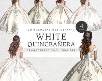 White and Silver Quinceañera Dress Clipart, Royal Princess Gown Clip Art, Mis Quince Anos White & Silver Theme, 15th Birthday Party PNG