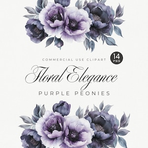 Imágenes prediseñadas de flores de color violeta oscuro, imágenes prediseñadas de peonías góticas melancólicas, ramo de boda de acuarela floral PNG, diseños de invitaciones, Dark Academia