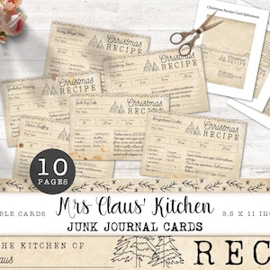 Christmas Recipe Junk Journal Ephemera, Mrs Claus&#39; Kitchen Vintage Extras Pack, Printable Christmas Recipe Cards, Paper Craft 11 x 8.5