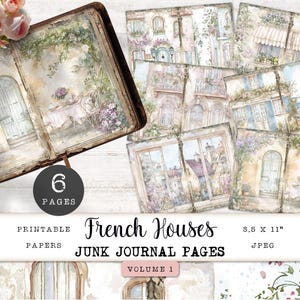 French House Junk Journal Pages, 6 afdrukbare digitale documenten Parijse architectuur, collageblad lavendelbloemen, Paper Craft 11 x 8,5 JJPFH