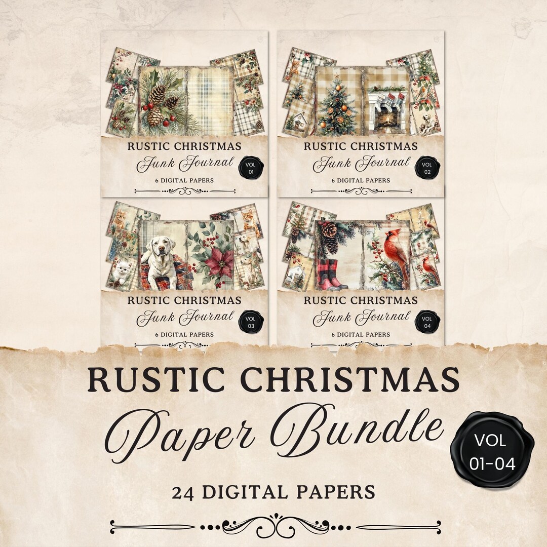 Rustic Christmas Junk Journal Pages Bundle, 24 Farmhouse Xmas Vintage ...