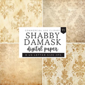 Damask Pattern Digital Paper, Beige Shabby Chic Distressed Texture Patterns, Scrapbooking Paper Decoupage Ephemera, Fleur De Lis