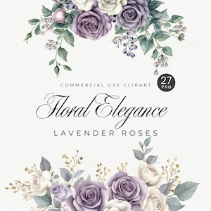 Lavendel Rosen Clipart | Hochzeit & Braut Aquarell Blumen Png | Lila creme Blumen mit Eukalyptus | Blumensträuße, Bordüren, Kränze Clip Art