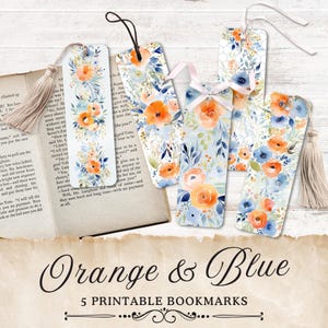 Druckbares Blumen Lesezeichen, blaue und orange Blumen Lesezeichen, zu Hause drucken, niedliche Geschenke für Buchliebhaber, Drucken und Schneiden, Lesestimmung