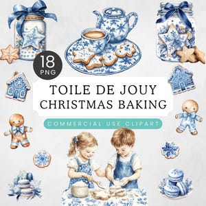 Clipart Bożonarodzeniowy Toile, Grandmillennial Xmas PNG, Niebiesko-biały Chinoiserie, Pastelowe pieczenie, Ciasteczka, Domek z piernika, Prezenty, Dzieci